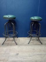 Pair of industrial high adjustable metal stools deep button leather seats {H 74cm x Dia 33cm }.