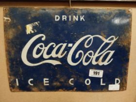 Drink Ice Cold Coca Cola enamel advertising sign. {29 cm H x 39 cm W}.