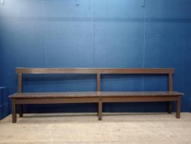 Pitch pine Irish dance hall settle bench {H 92cm x W 305cm x D 35cm }.