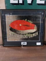 Parsley Brand Salmon framed showcard. {31 cm H x 36 cm W}.