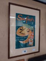 Sunfresh Orange framed cardboard advertising showcard. {52 cm H x 36 cm D}