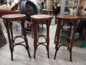 Three bentwood bar stools. {80 cm H x 37 cm Dia.}.