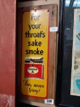 For Your Throats sake Smoke Craven A tinplate advertising sign. {51 cm H x 23 cm W}.