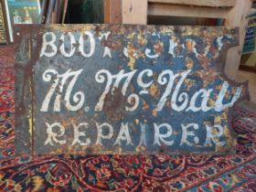 Early 20th C. McNally Boot & Shoe repairer enamel advertising sign {38 cm H x 66 cm W}.