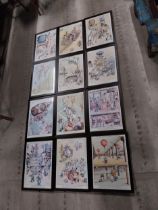 Set of twelve framed coloured Guinness prints - The Gentle Art of Making Guinness. {47 cm H x 34