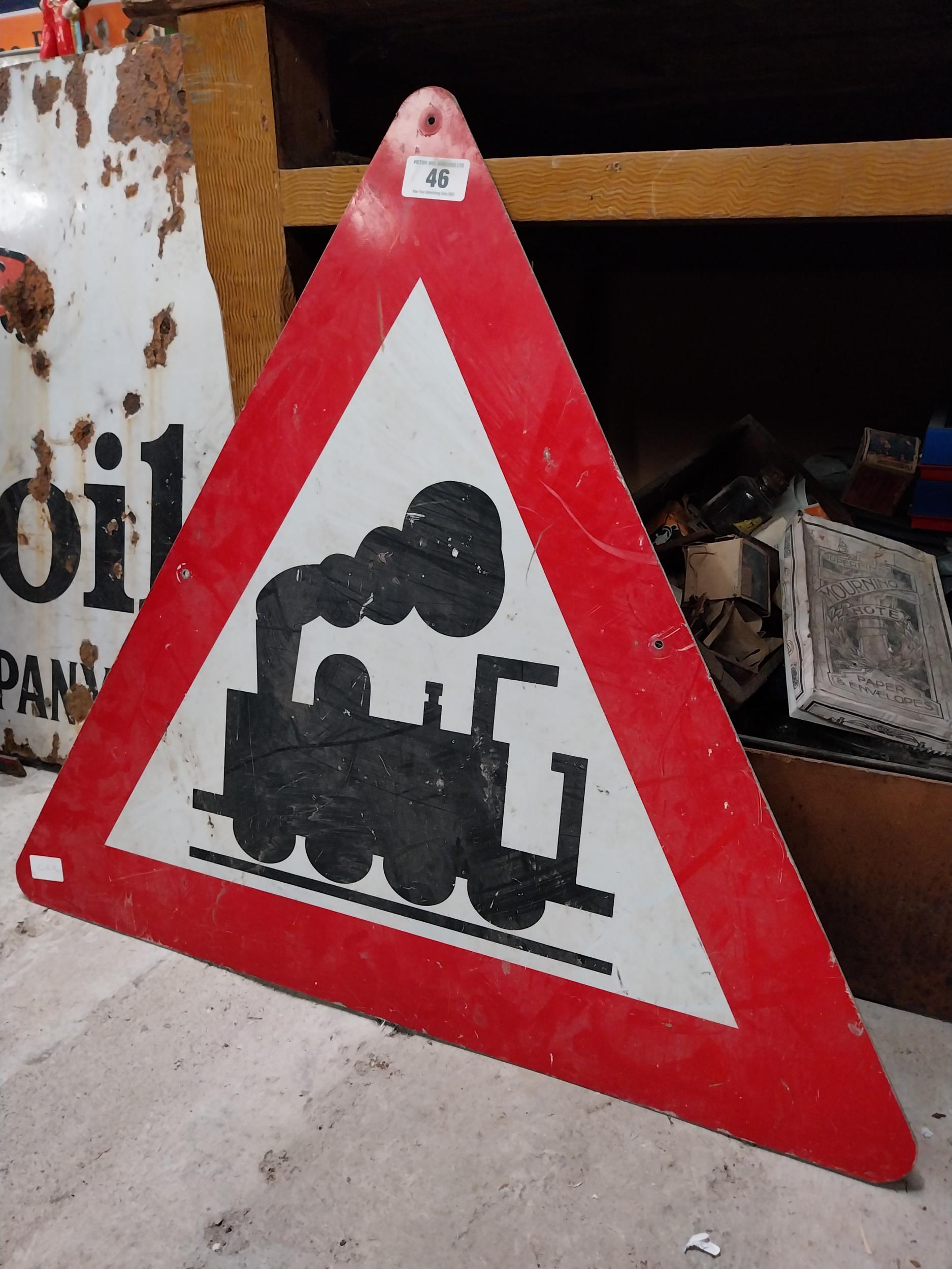 Triangular aluminium Train Ahead warning sign. {67 cm H x 73 cm W}. - Image 2 of 4