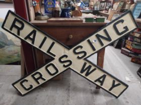Railway Crossing alloy sign. {87 cm H x 120 cm W}.