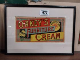 Oakey's Furniture Cream framed showcard. {25 cm H x 35 cm W}.