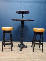 Pair of high Tudor bar - pub stools with leather upholstered seats {H 78cm x Dia 37cm }.