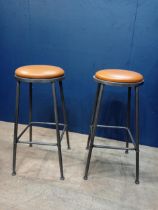 Pair of metal industrial high stools tan leather seats {H 78cm x Dia 35cm }.