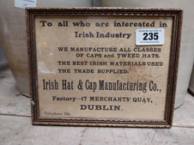 Irish Hat and Cap Manufacturing Co framed advertising print. {20 cm H x 25 cm W}