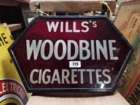 Wills's Woodbine Cigarettes double sided glass hanging advertising sign. {42 cm H x 50 cm W}.