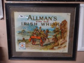 Allman's Fine Old Irish Whiskey Bandon reverse painted glass advertising sign. {59 cm H x 72 cm W}.