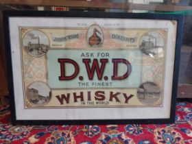 Original D.W.D Irish Whisky framed advertising showcard {42 cm H x 65 cm W}.