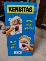 Kensitas Extra Good Cigarettes celluloid counter showcard. {30 cm H x 15 cm W}.