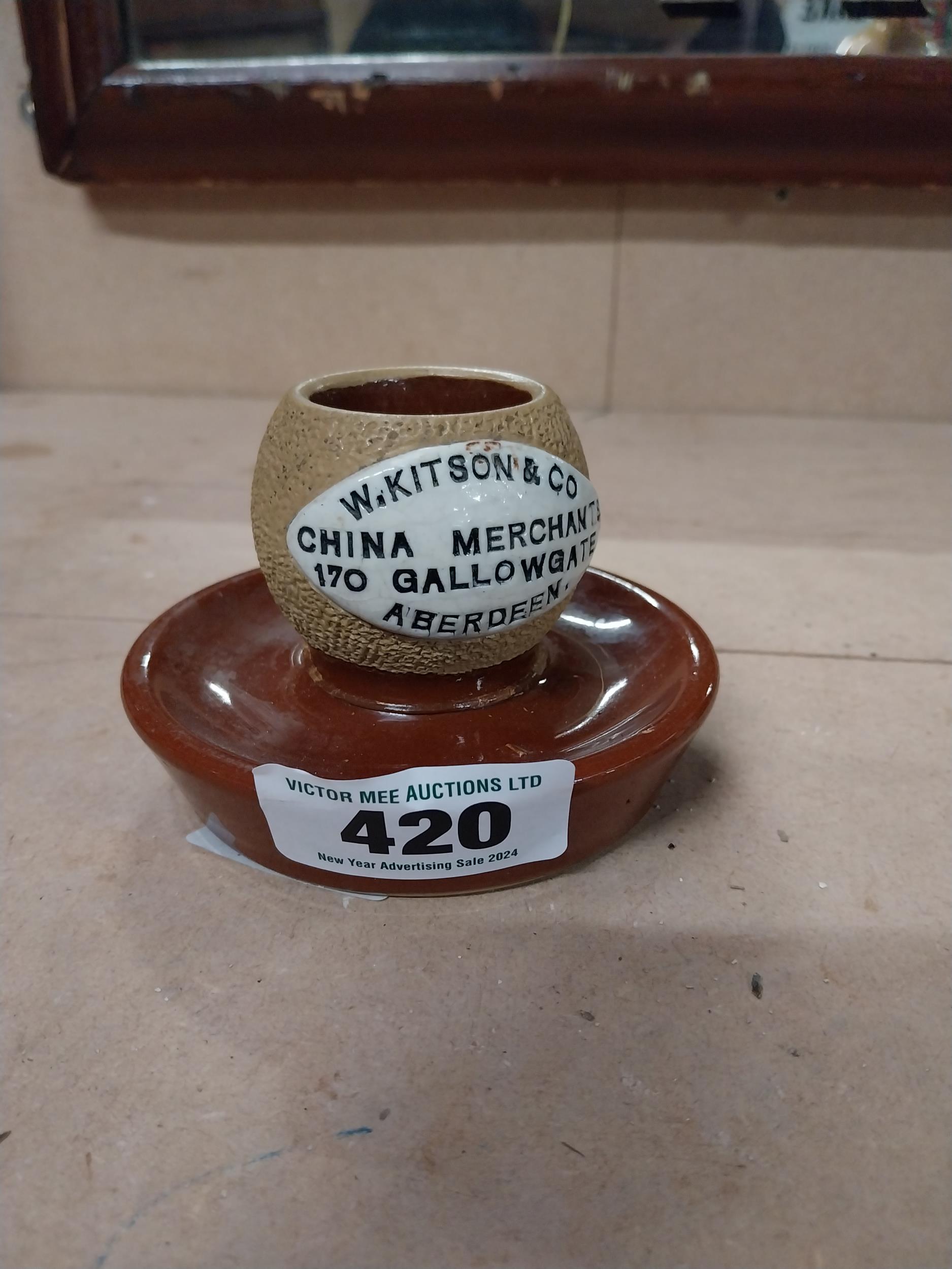 W Kitson and Co China Merchants Gallowgate Aberdeen ceramic match strike. {8 cm H x 10 cm Dia.} - Image 4 of 7