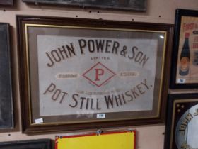 John Power's and Sons Distillery Dublin framed advertising showcard. {57 cm H x 80 cm W}.