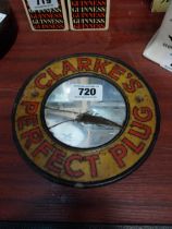 Clarke's Perfect Plug tinplate advertising mirror. {20 cm Dia.}.