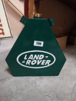 Landrover tin oil can with brass cap. {32 cm H x 33 cm W x 11 cm D}.
