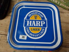 Harp tinplate advertising drinks' tray { 24cm Sq. }.
