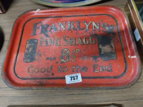 Franklyn Fine Shag tinplate advertising tray. {31 cm H x 42 cm W}.