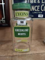 Lyons Greenline mints glass sweet jar. {31 cm H x 14 cm W x 10 cm D}.