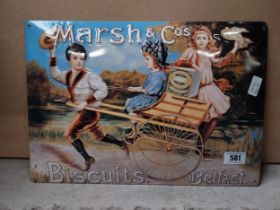 Marsh's and Co Biscuits Belfast tin plate advertisement. {34 cm H x 49 cm W}.