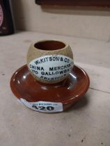 W Kitson and Co China Merchants Gallowgate Aberdeen ceramic match strike. {8 cm H x 10 cm Dia.}