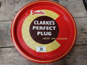 Smoke Clarke's Perfect Plug tin plate advertising drinks tray. {32 cm Dia.}.