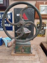 19th C. cast iron and wooden coffee grinder. {51 cm H x 24 cm W x 31 cm W}.150