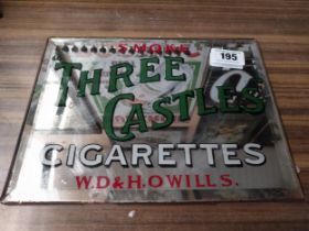 Smoke Three Castles Cigarettes W D and H O Wills advertising mirror. {23 cm H x 31 cm W{.