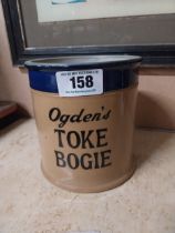 Ogden's Toke Bogie stoneware tobacco jar. {16 cm H x 15 cm Dia.}