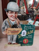 Stockade Roll and Pigtail tobacco cardboard advertising counter showcard. {35 cm H x 27 cm W}.