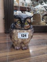 Early 20th C ceramic tobacco jar in the form of an Owl. {16 cm H x 13 cm W x 10 cm D}.