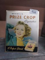 Mitchell's Prize Crop cigarettes enamel advertising sign {24 cm H x 19 cm W}.