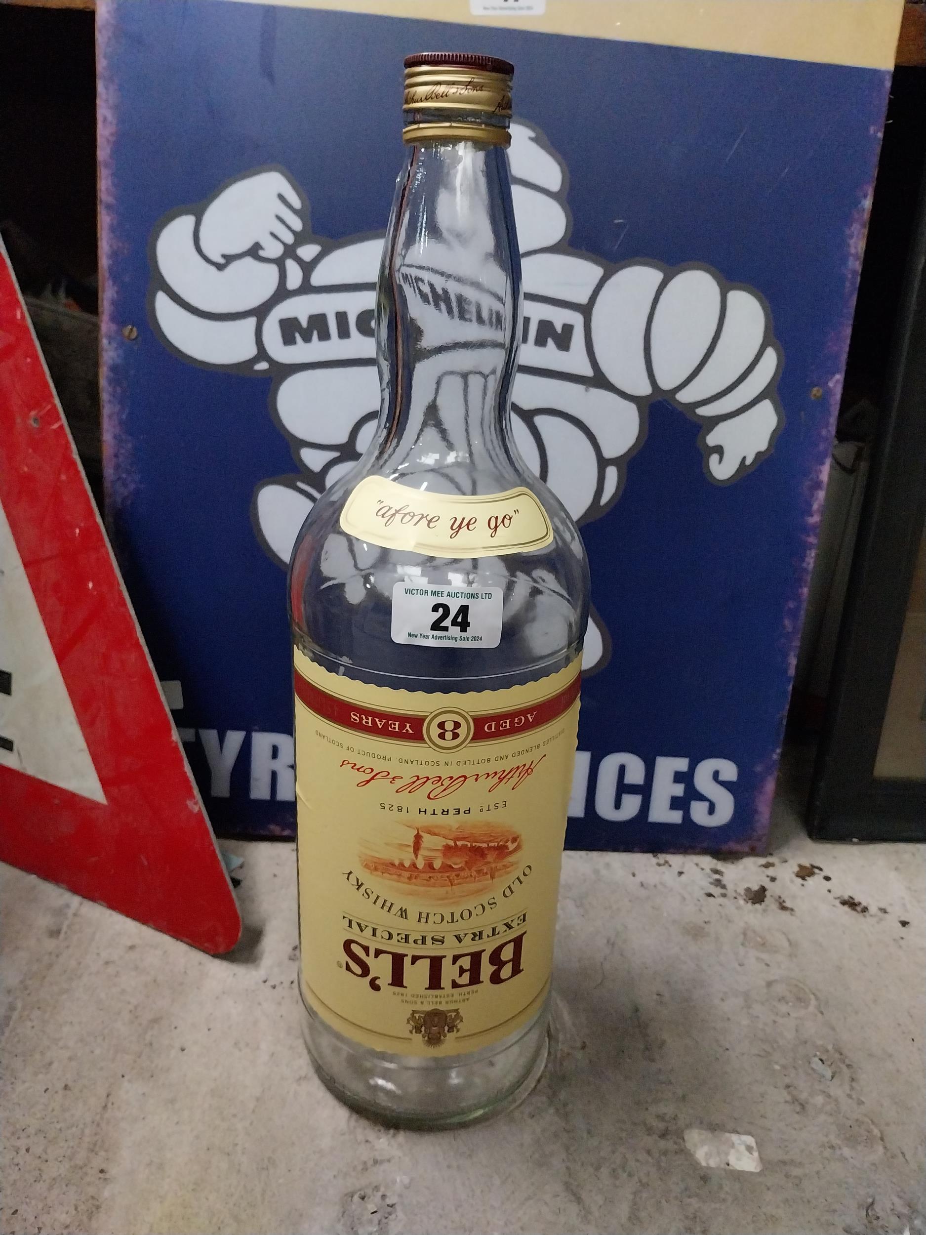 Bell's Scotch Whiskey empty advertising bottle with original box. {50 cm H x 14 cm W x 14 cm D}.