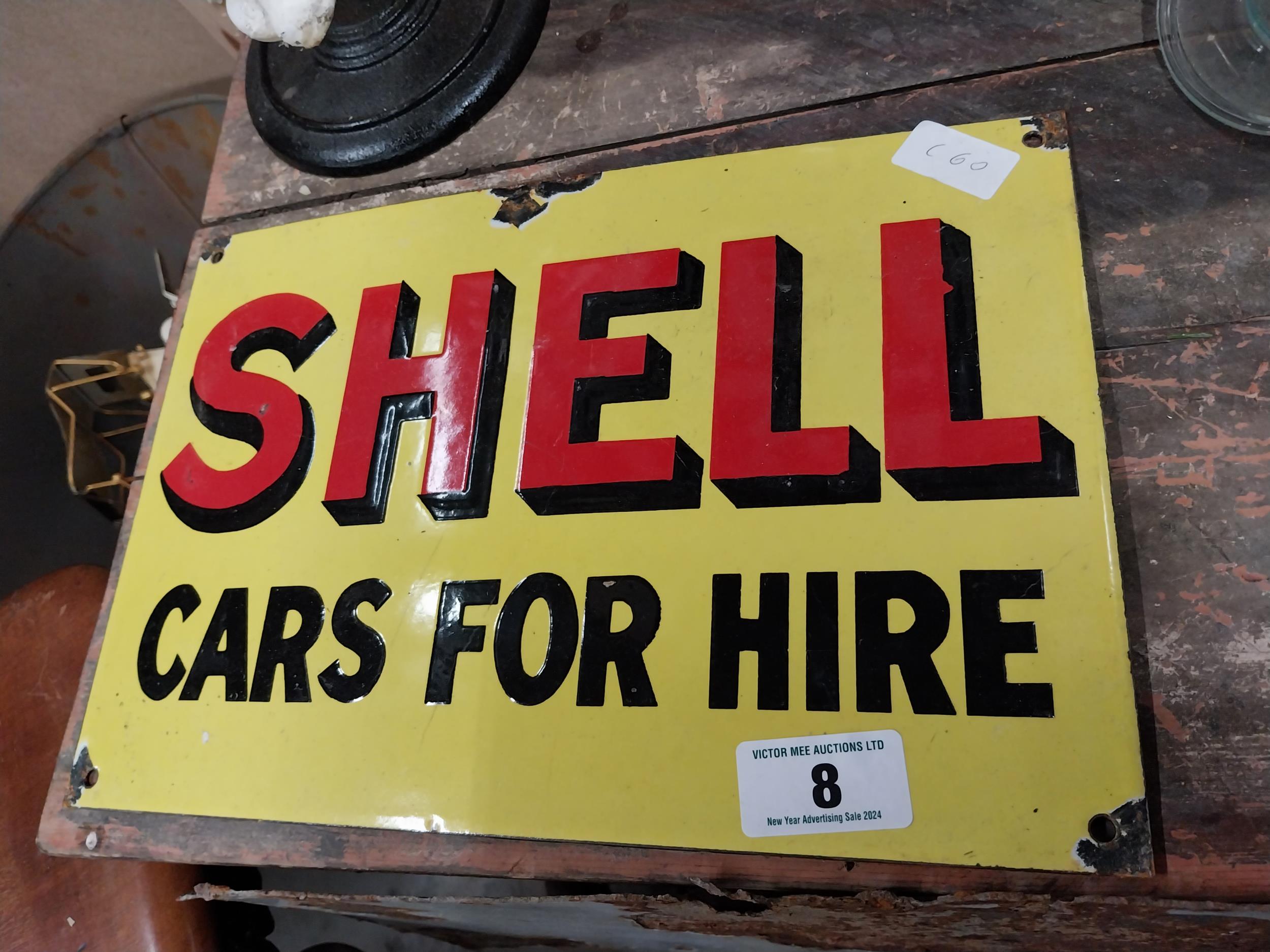 Shell Cars For Hire enamel advertising sign. {38 cm H x 24 cm W}.