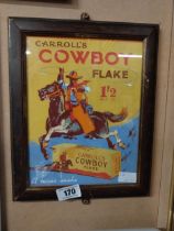 Carrolls Cowboy Tobacco framed advertising print. {23 cm H x 28 cm W}.
