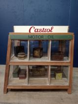 Castrol oil advertising cabinet with glazed sliding doors {H 93cm x W 98cm x D 37cm }.