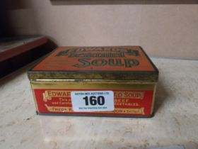 Edwards Desiccated Soups tinplate advertising tin. {6 cm H x 13 cm W x 11 cm D}.