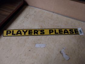 Player's Please tinplate advertising shelf sign. {47 cm H x 4 cm D W}.