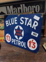 Blue Star Petrol enamel advertising sign {26 cm H x 36 cm W}.