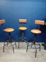 Set of three Industrial high stools with tan leather seats and back {H 114cm x Seat H 83cm x D