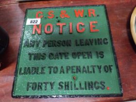 G. S. & W. R. Notice cast iron railway plaque. {29 cm H x 28 cm W}.