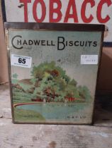 Chadwell Biscuits pictorial advertising tin. {25 cm H x 22 cm W x 22 cm D}.