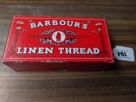 Barbour's Linen Thread advertising box with contents. {6 cm H x 19 cm W x 10 cm D}.