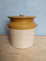 Early 20th. C. glazed storage jar with lid { 26cm H X 26cm Dia. }.