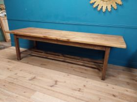 Good quality pine country kitchen table raised on square legs and double stretcher {76 cm H x 270 cm