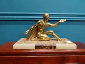 Art Deco brass figure on marble base signed . {18 cm H x 30 cm W x 12 cm D}.