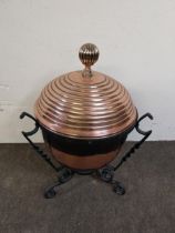 19th C. copper lidded coal bucket raised on metal stand {54 cm H x 40 cm Dia.}.